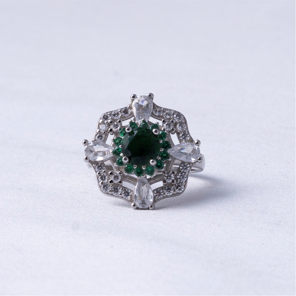 Green Floral Halo 925 Silver Ring