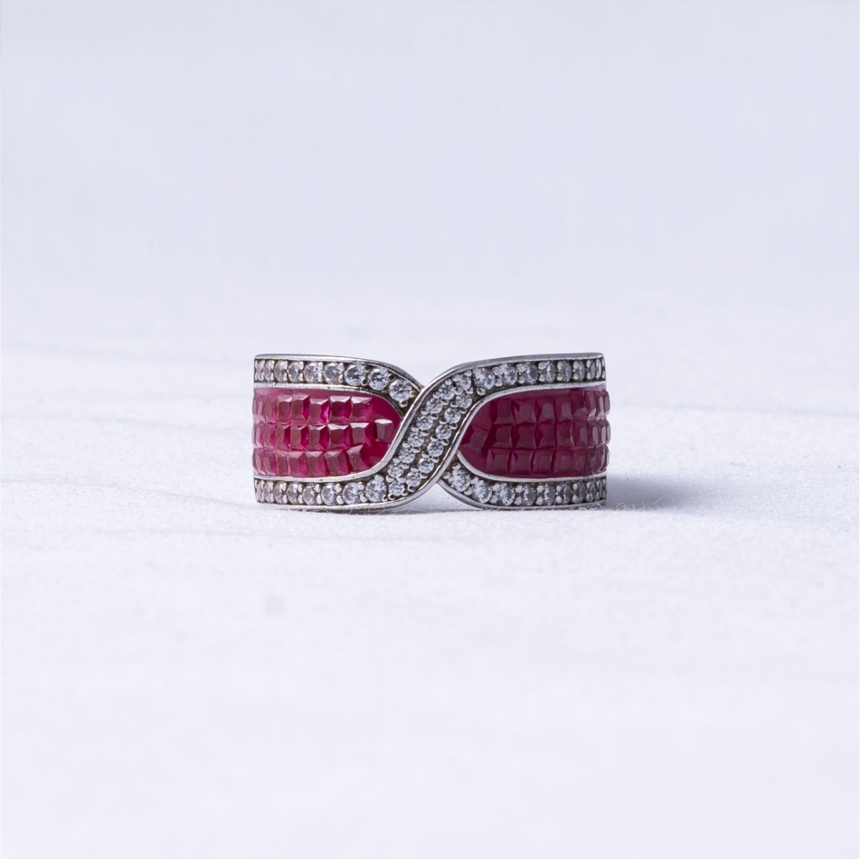 925 Silver Pink Baguette Wave Crossover Ring