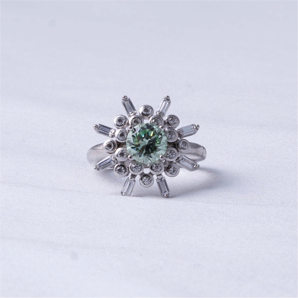Green Sunburst Halo 925 Silver Ring