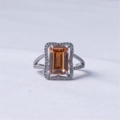 925 Silver Champagne Emerald Halo Ring
