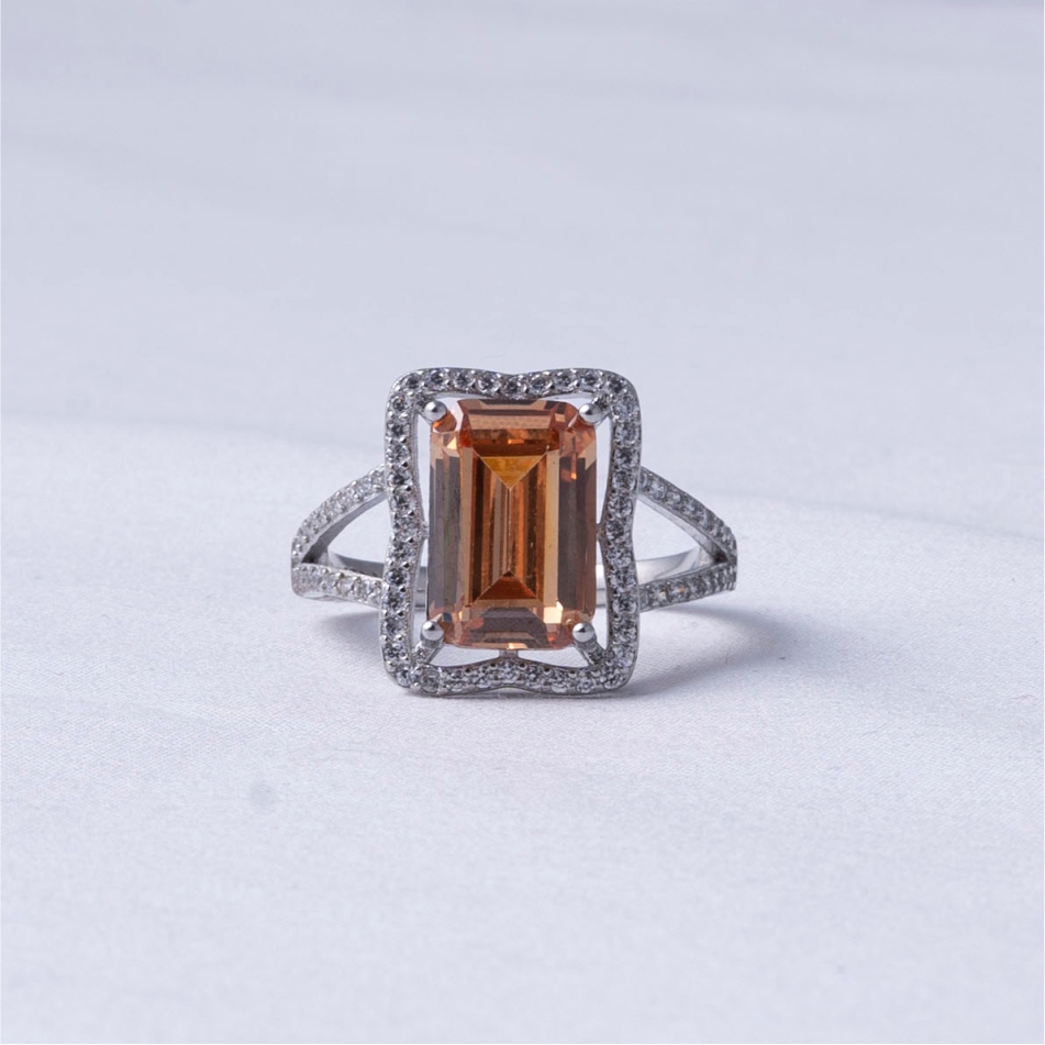 925 Silver Champagne Emerald Halo Ring