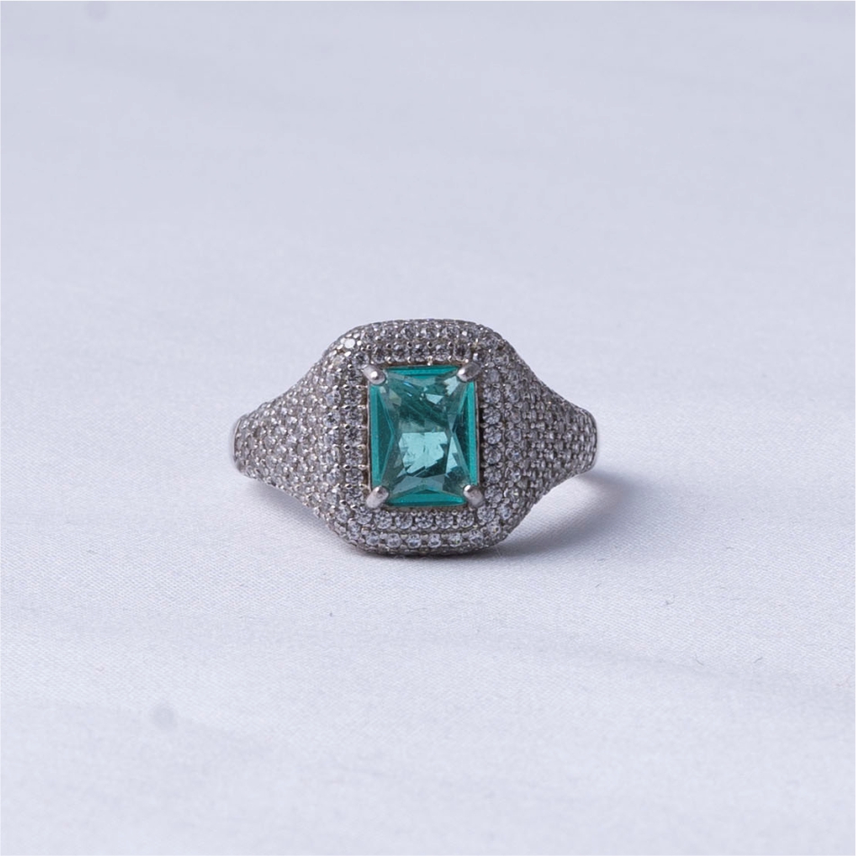 925 Silver Aqua Emerald Halo Ring