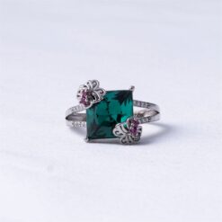 925 Silver Emerald Green Floral Ring