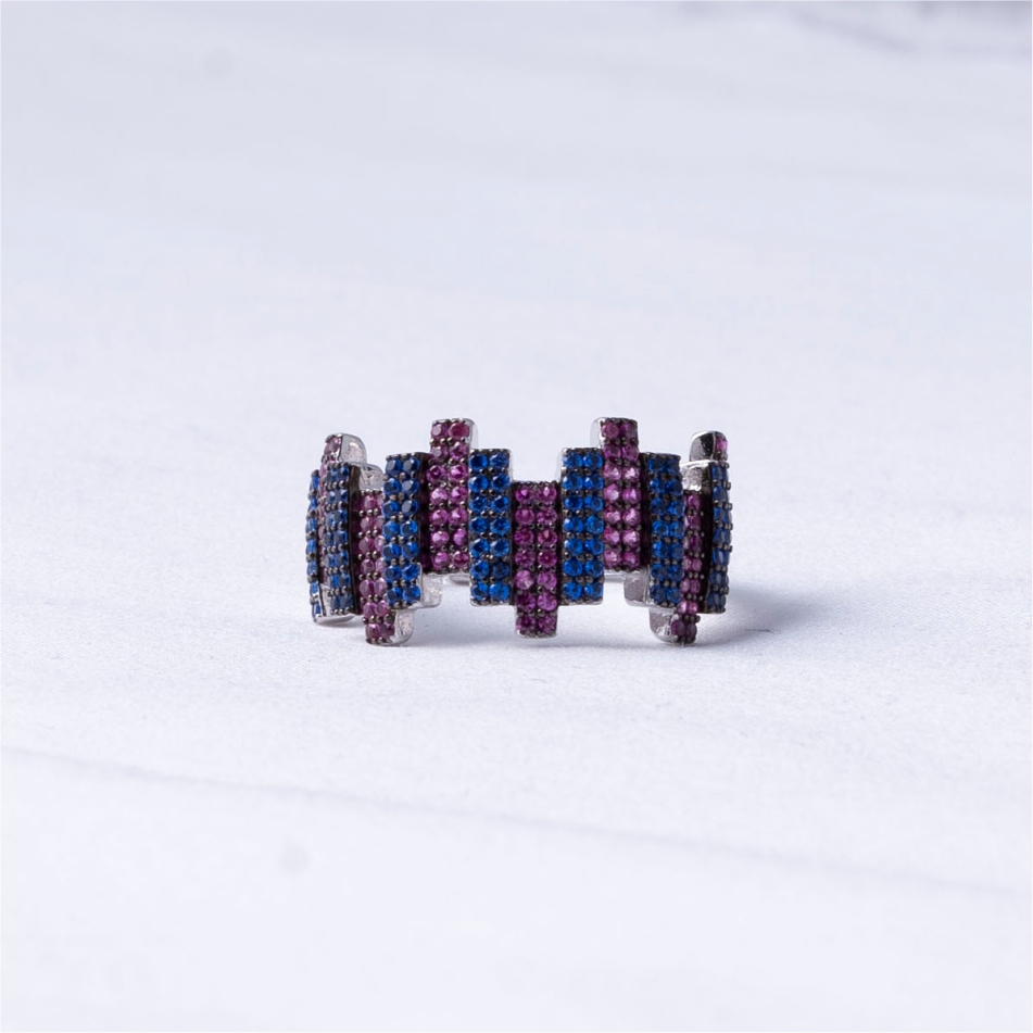 925 Silver Blue & Pink Geometric Statement Ring