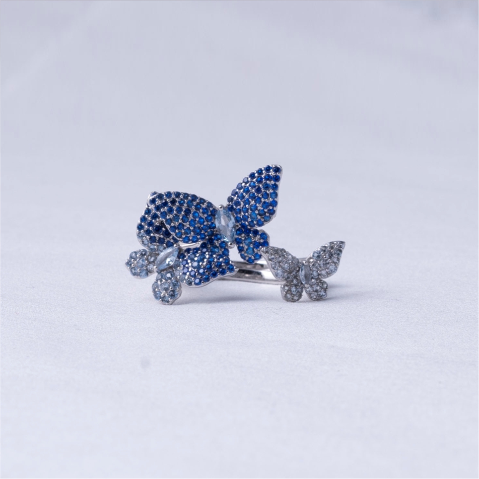 925 Silver Blue Butterfly Open Ring