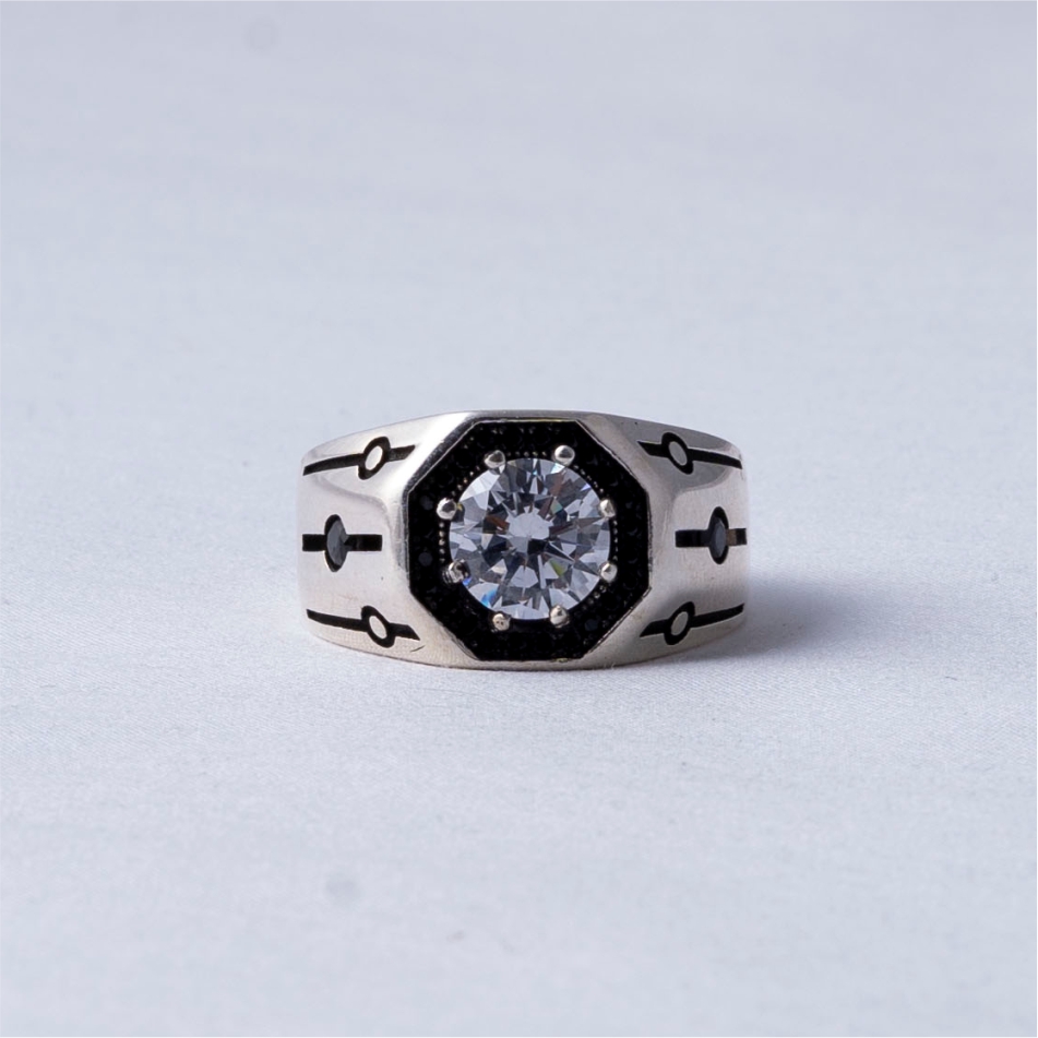 Round Crystal Stone Oxidised 925 Silver Ring