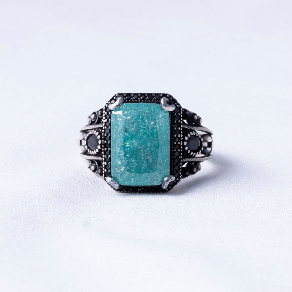 Emerald Green Stone Oxidised 925 Silver Ring