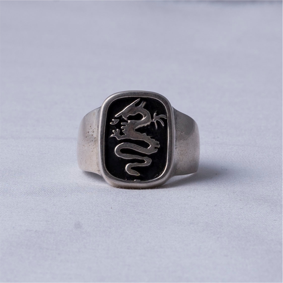 Dragon Signet Oxidised 925 Silver Ring