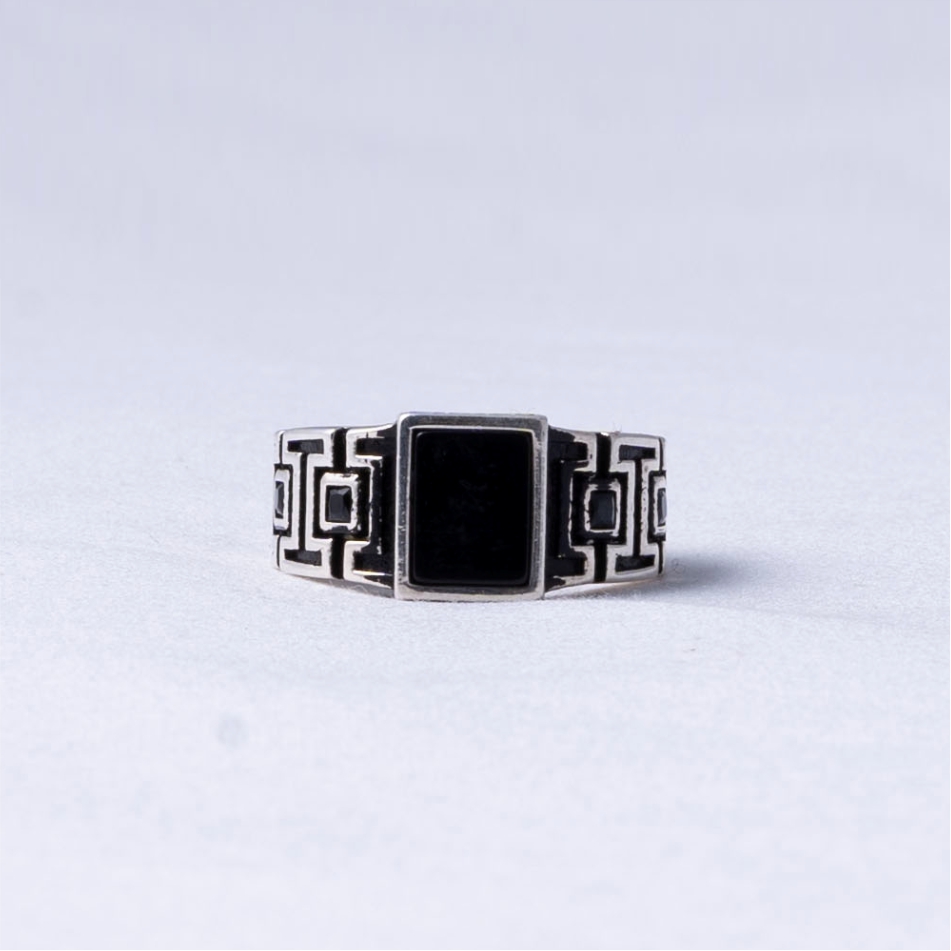 Black Stone Geometric Oxidised 925 Silver Ring