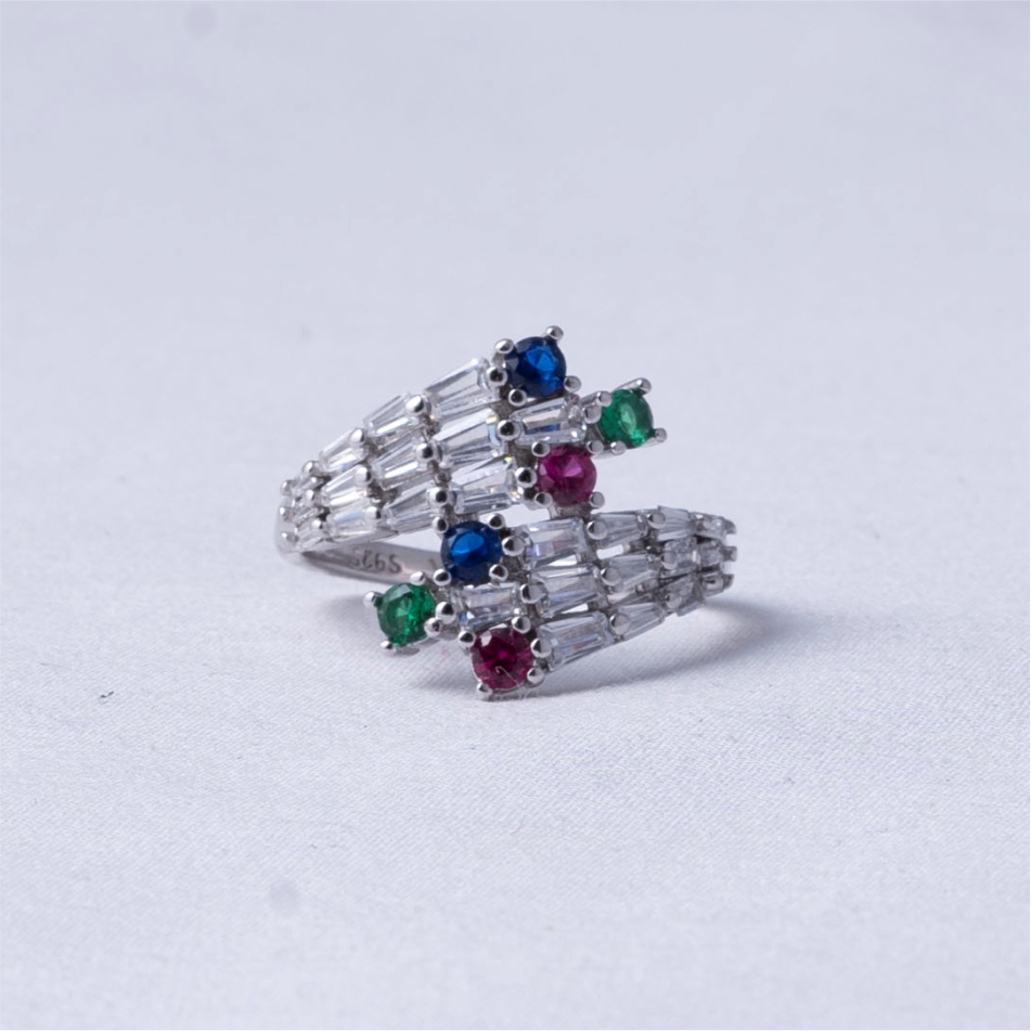 Multicolor Stone Open Design 925 Silver Ring