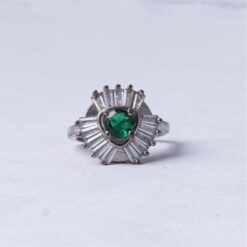 Green Heart Stone Sunburst 925 Silver Ring