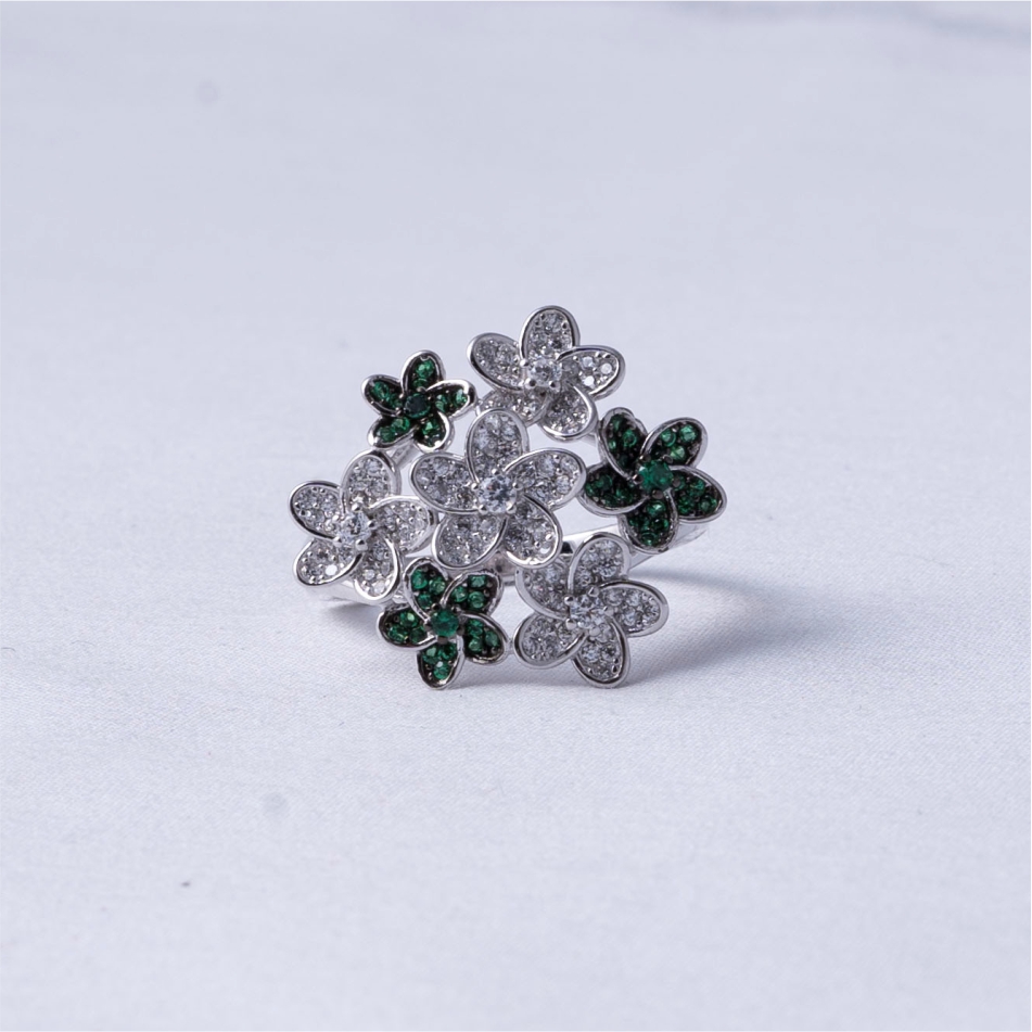 Floral Cluster Green Stone 925 Silver Ring