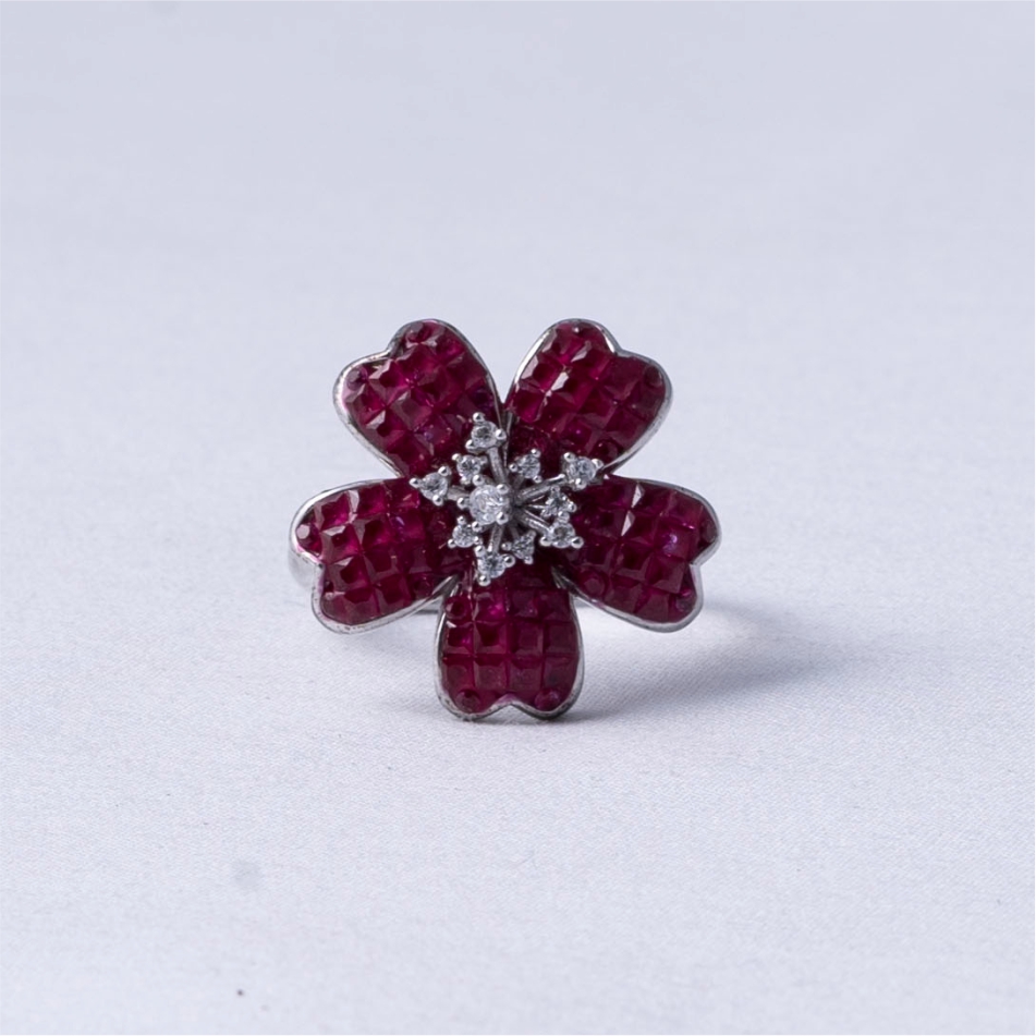 Ruby Red Floral Statement 925 Silver Ring