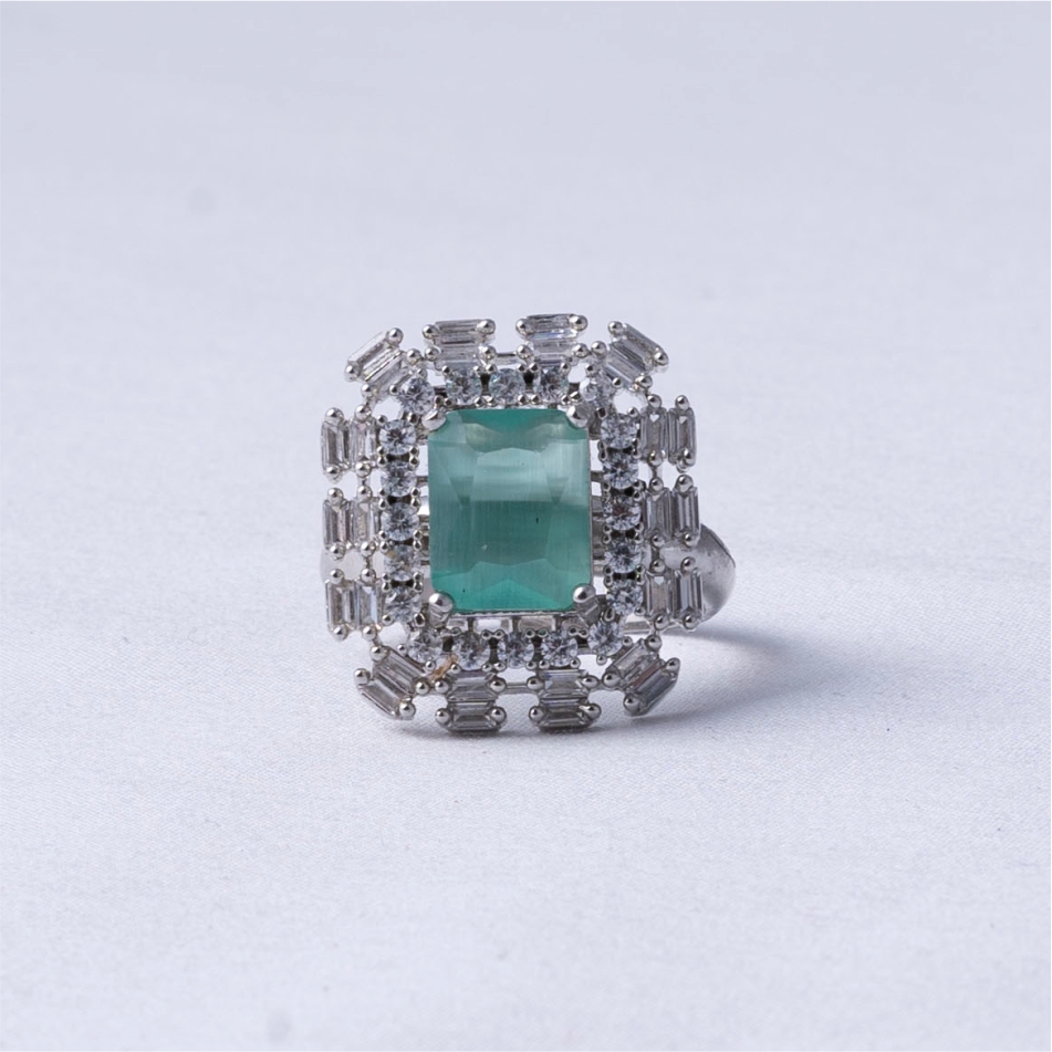 Mint Green Emerald Cut Stone 925 Silver Statement Ring