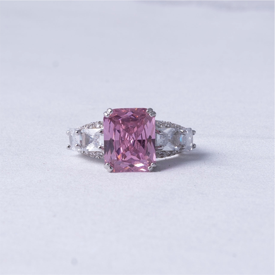 Pink Emerald Cut Stone 925 Silver Ring