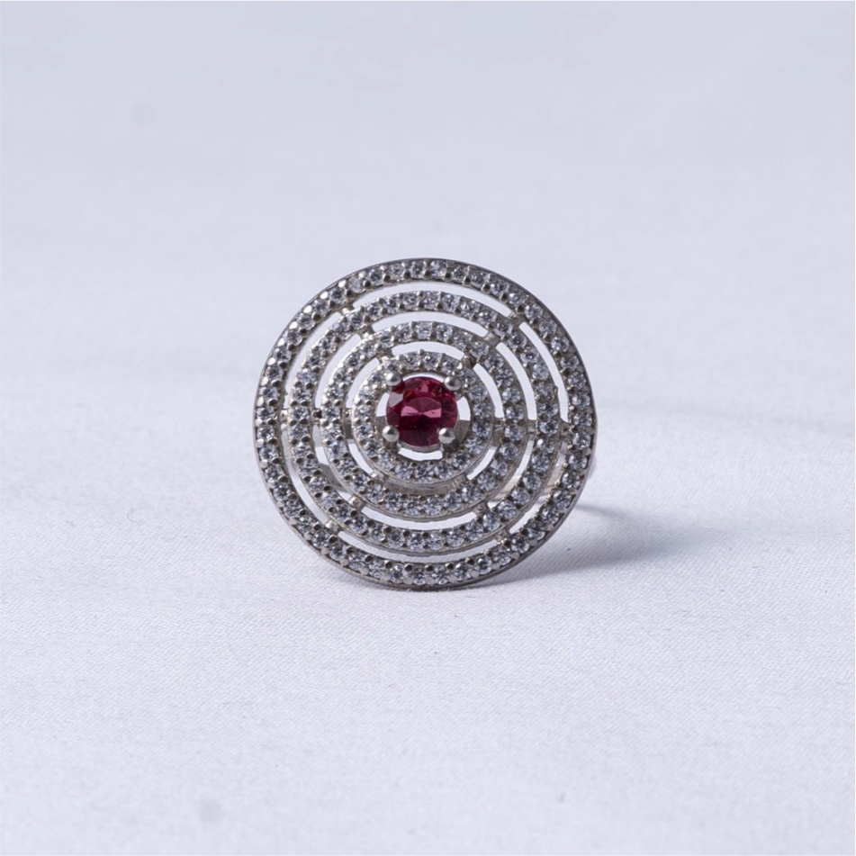 Ruby Stone Concentric Halo 925 Silver Ring
