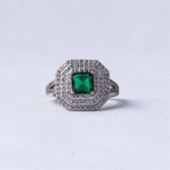 Green Princess Cut Halo 925 Silver Ring