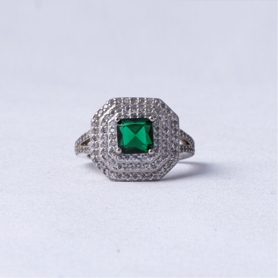 Green Princess Cut Halo 925 Silver Ring