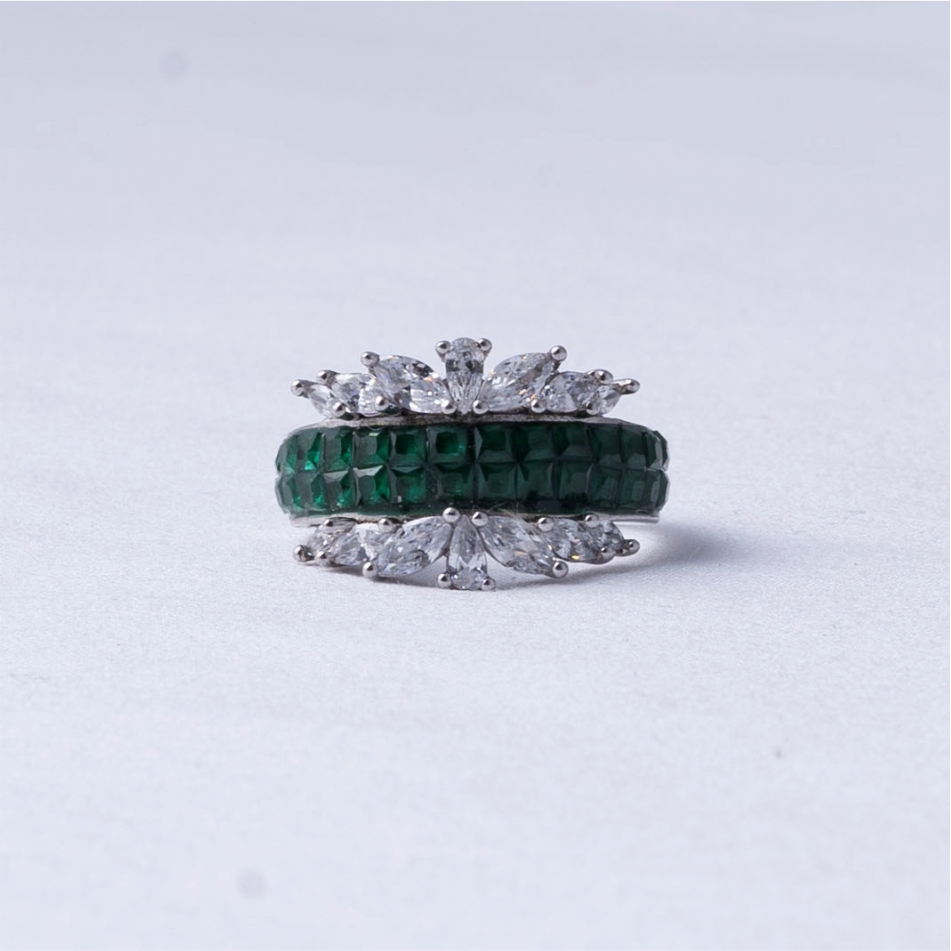 Green Floral Crystal 925 Silver Ring