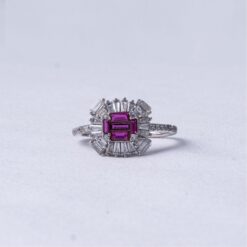 Ruby Baguette Halo 925 Silver Ring