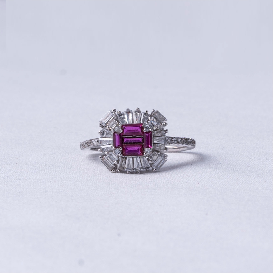 Ruby Baguette Halo 925 Silver Ring