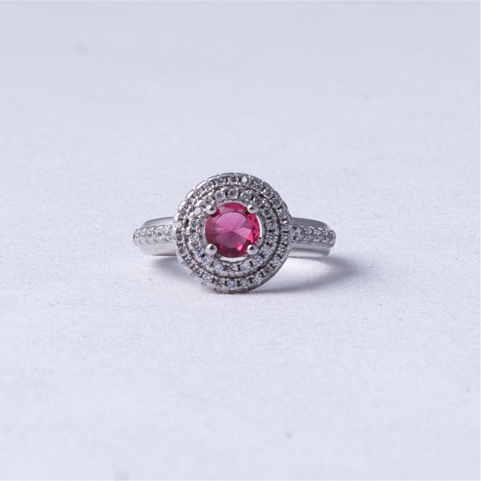 Ruby Round Halo 925 Silver Ring