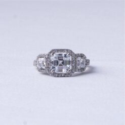 Three Stone Asscher Halo 925 Silver Ring
