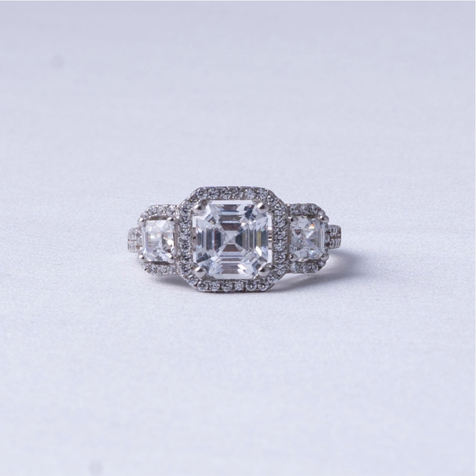 Three Stone Asscher Halo 925 Silver Ring