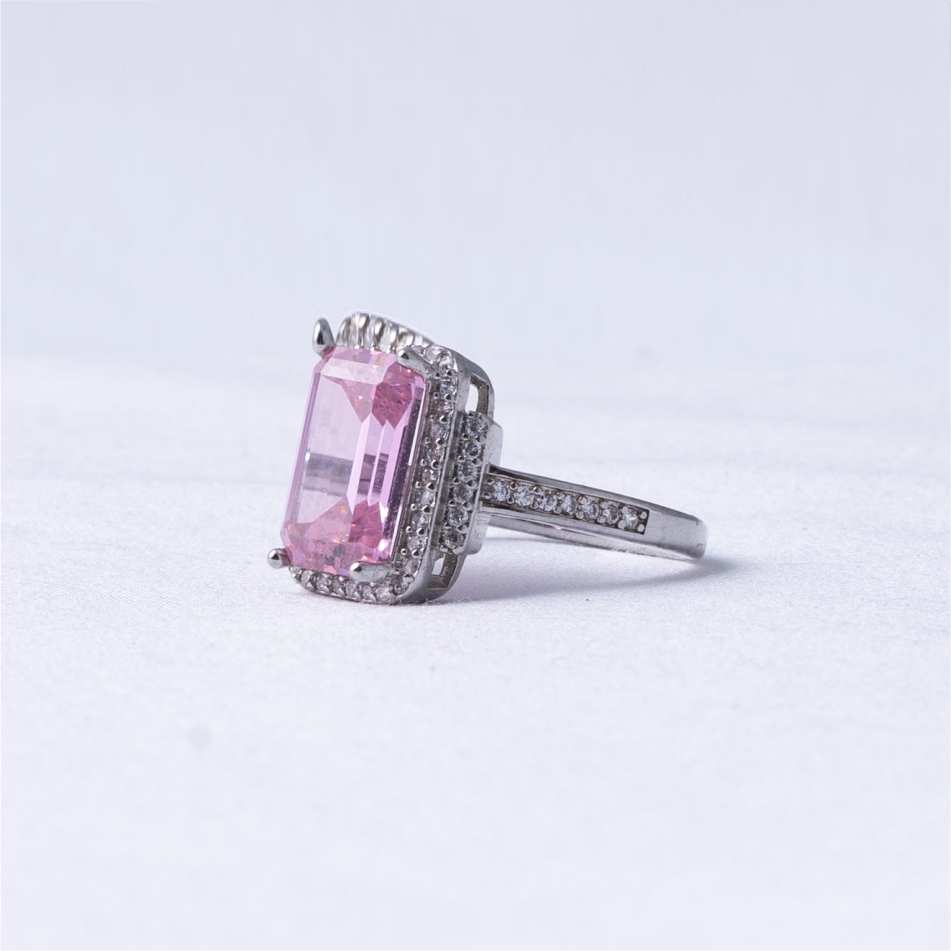 925 Silver Emerald Cut Pink Halo Ring - Image 3