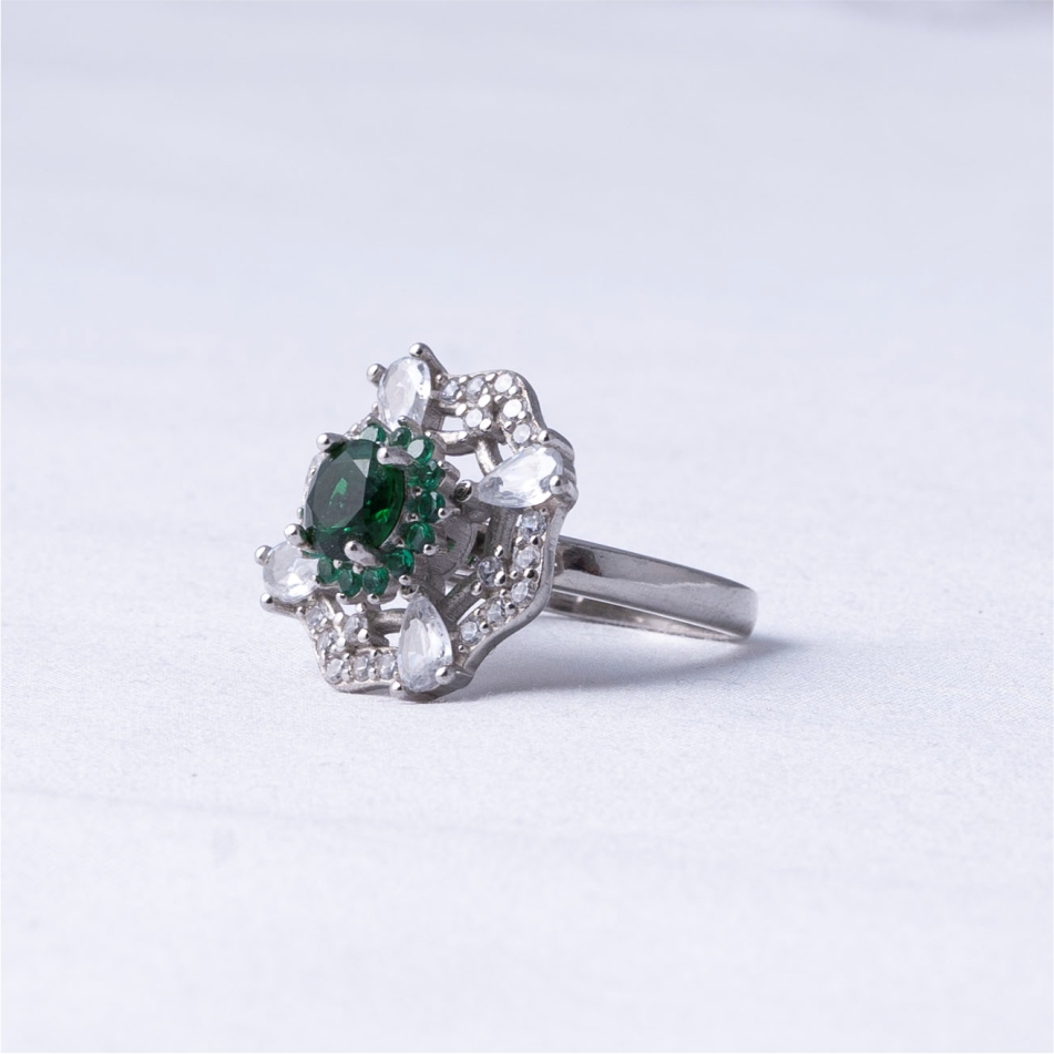 Green Floral Halo 925 Silver Ring - Image 3