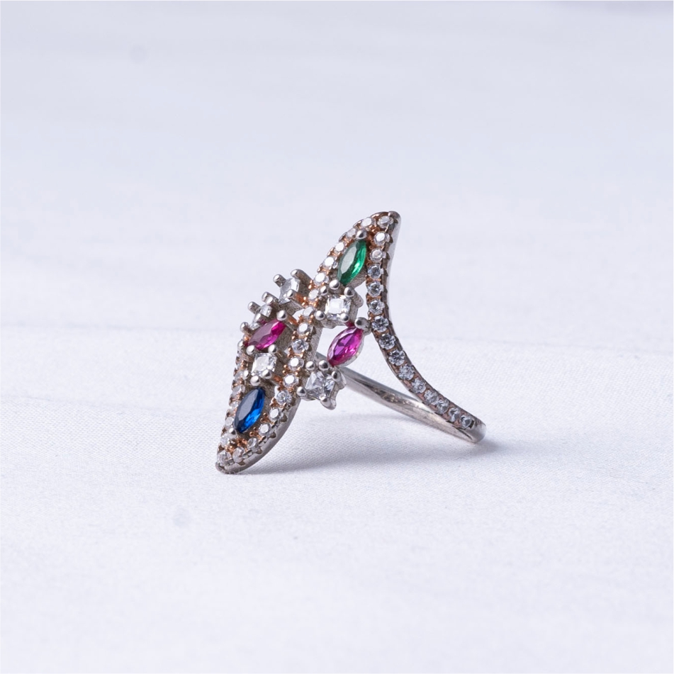 925 Silver Multicolor Marquise Leaf Ring - Image 3