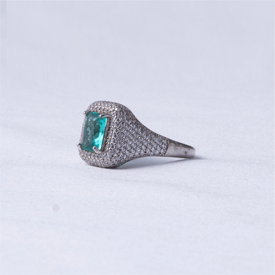 925 Silver Aqua Emerald Halo Ring - Image 3
