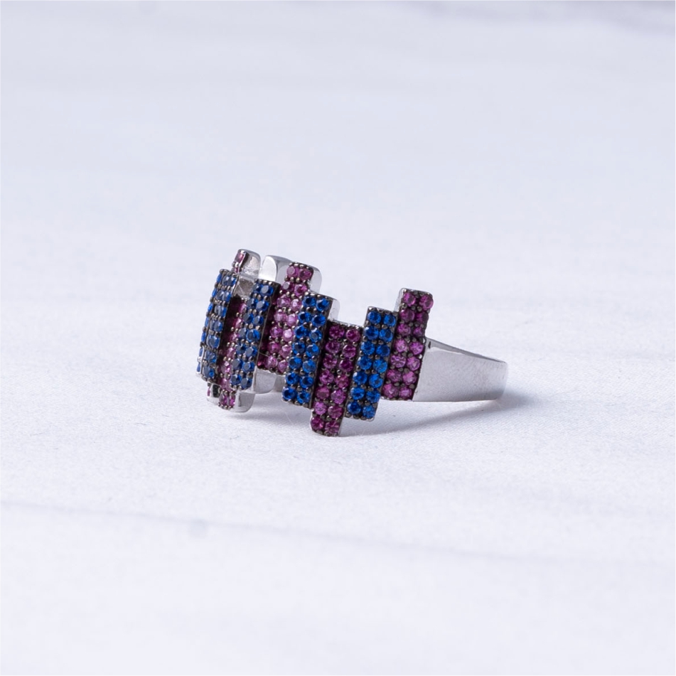 925 Silver Blue & Pink Geometric Statement Ring - Image 3