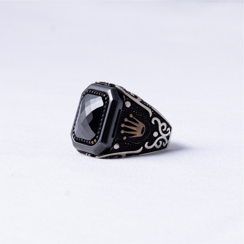 Black Stone Oxidised 925 Silver Ring - Image 3