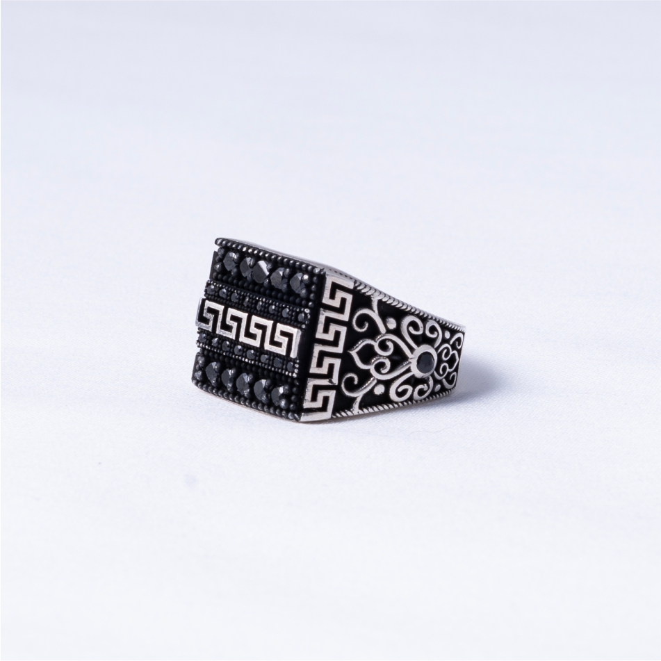 Black Stone Greek Pattern 925 Silver Ring - Image 4