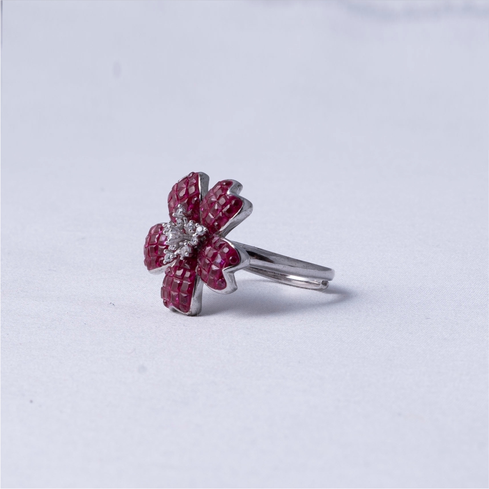 Ruby Red Floral Statement 925 Silver Ring - Image 3
