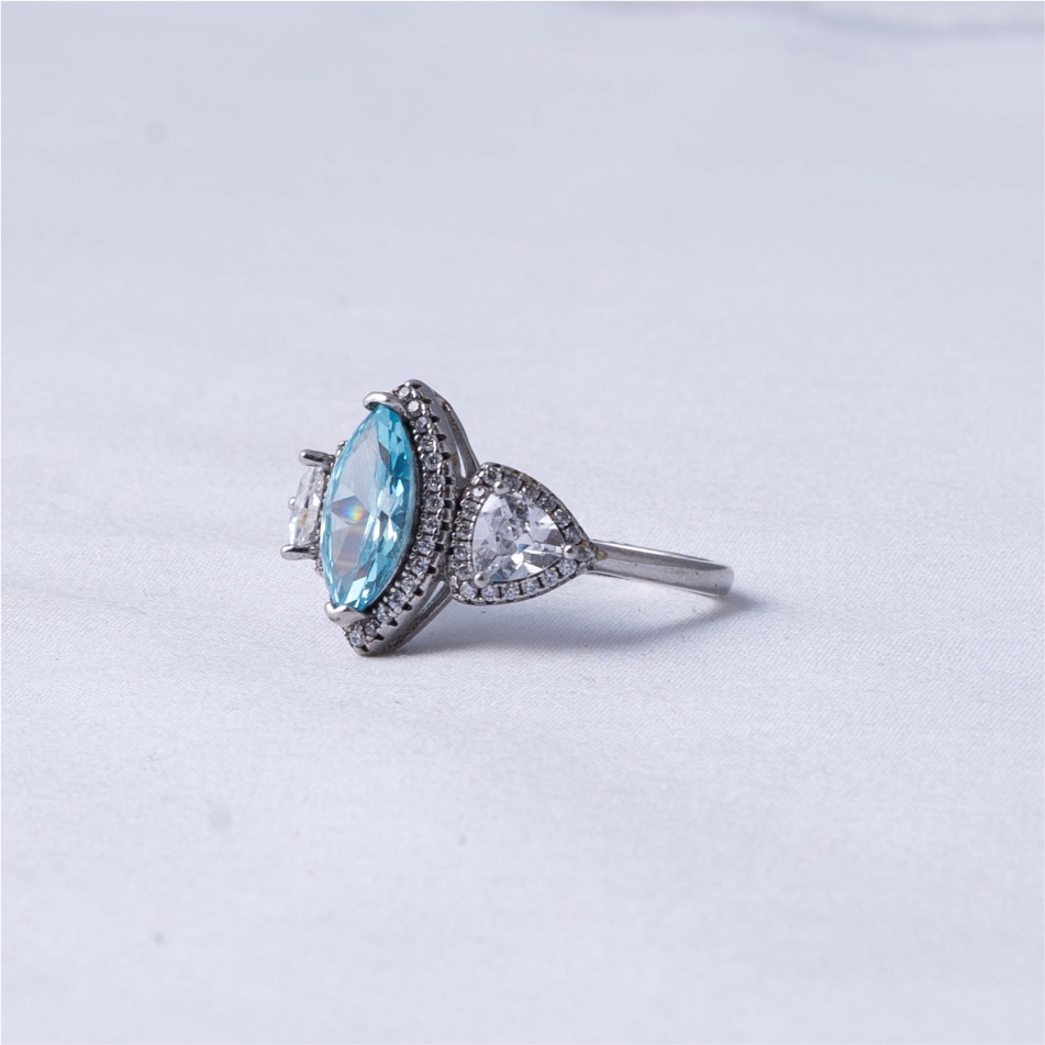 Sky Blue Marquise Stone Halo 925 Silver Ring - Image 3