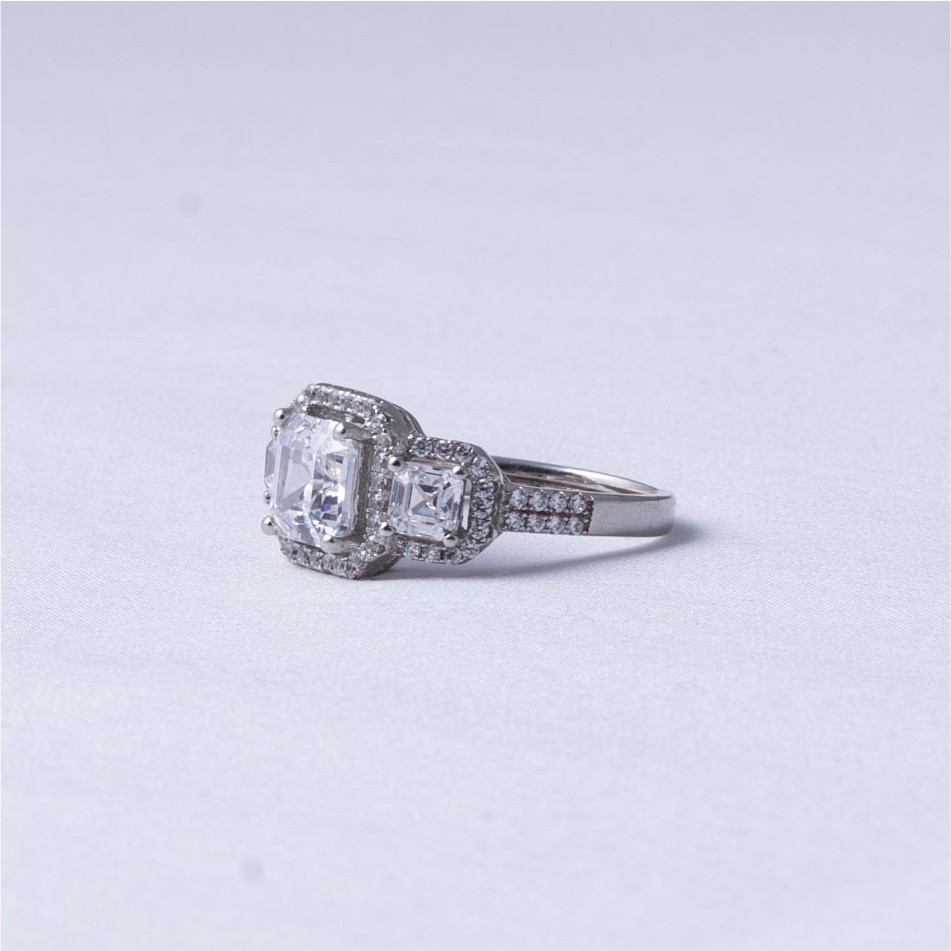Three Stone Asscher Halo 925 Silver Ring - Image 3