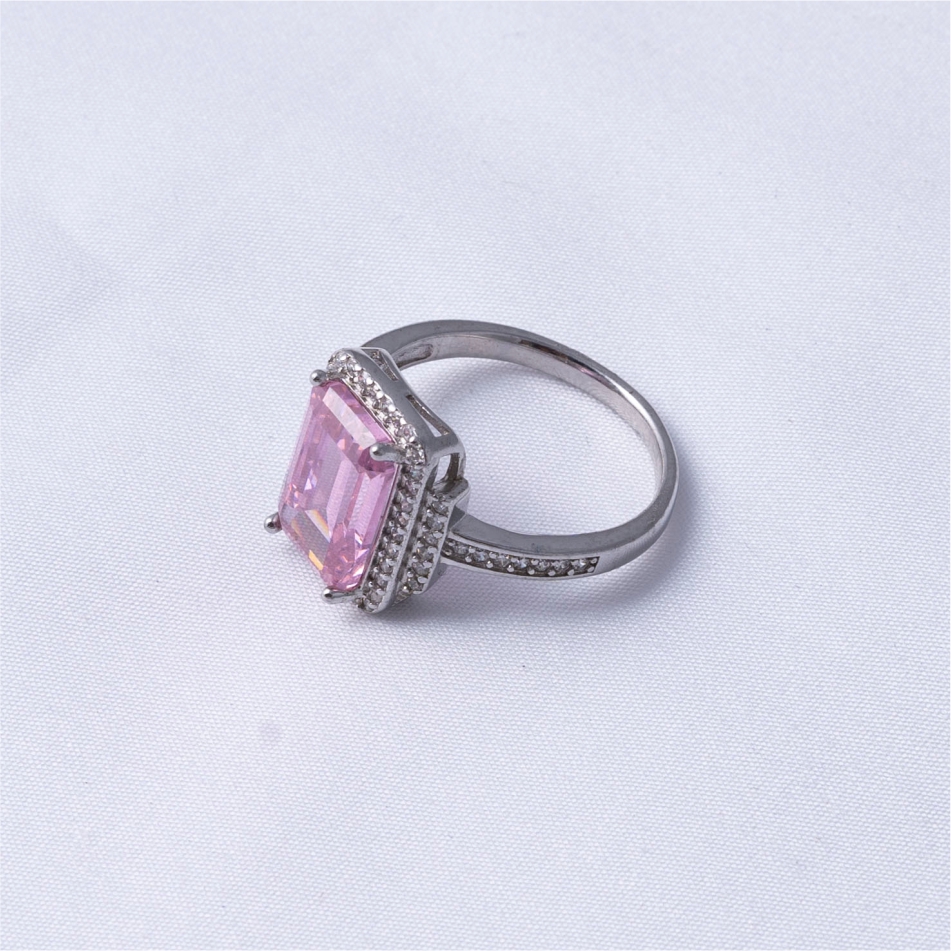 925 Silver Emerald Cut Pink Halo Ring - Image 4