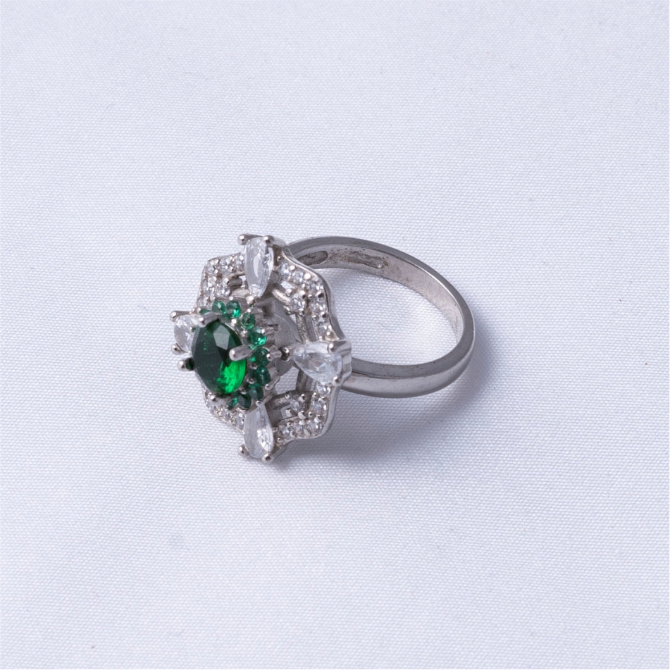 Green Floral Halo 925 Silver Ring - Image 4