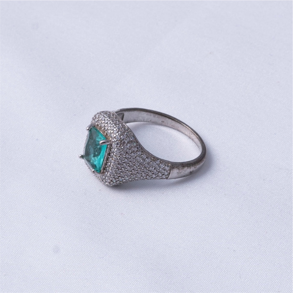 925 Silver Aqua Emerald Halo Ring - Image 4