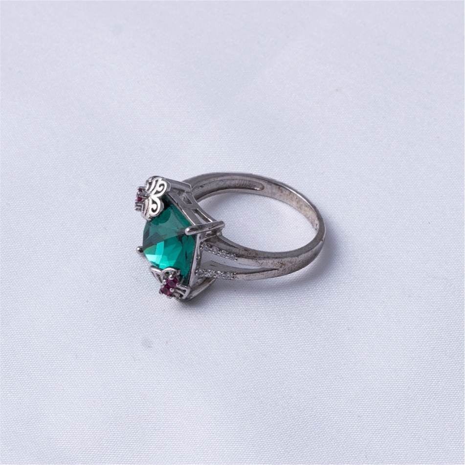 925 Silver Emerald Green Floral Ring - Image 4