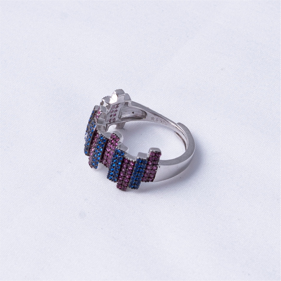 925 Silver Blue & Pink Geometric Statement Ring - Image 4