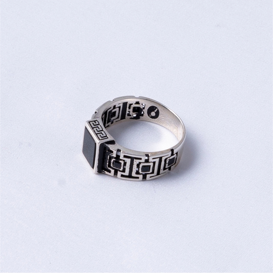 Black Stone Geometric Oxidised 925 Silver Ring - Image 4