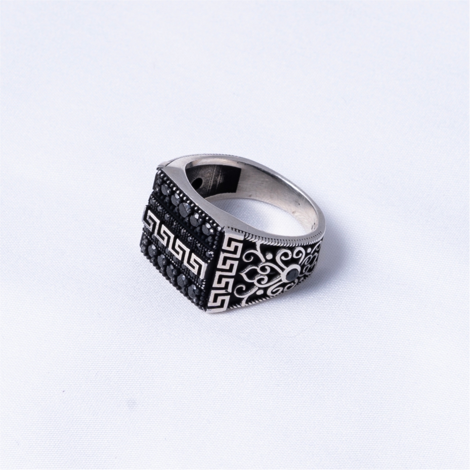 Black Stone Greek Pattern 925 Silver Ring - Image 3