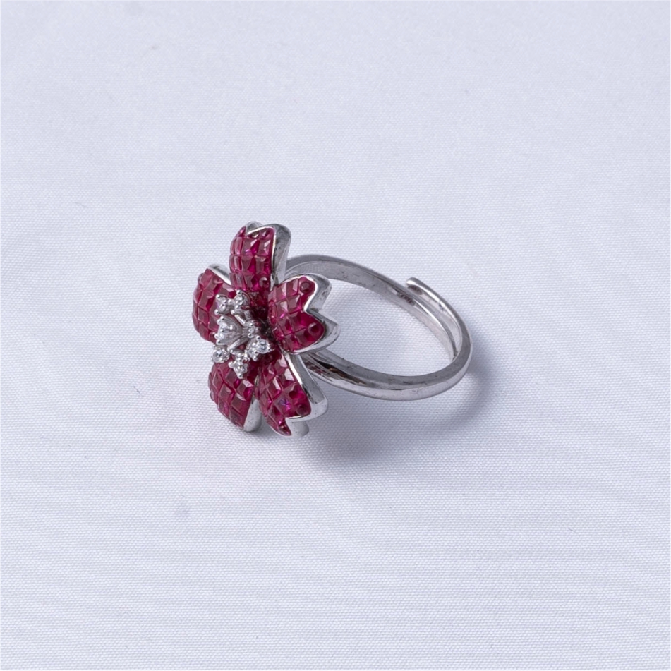 Ruby Red Floral Statement 925 Silver Ring - Image 4