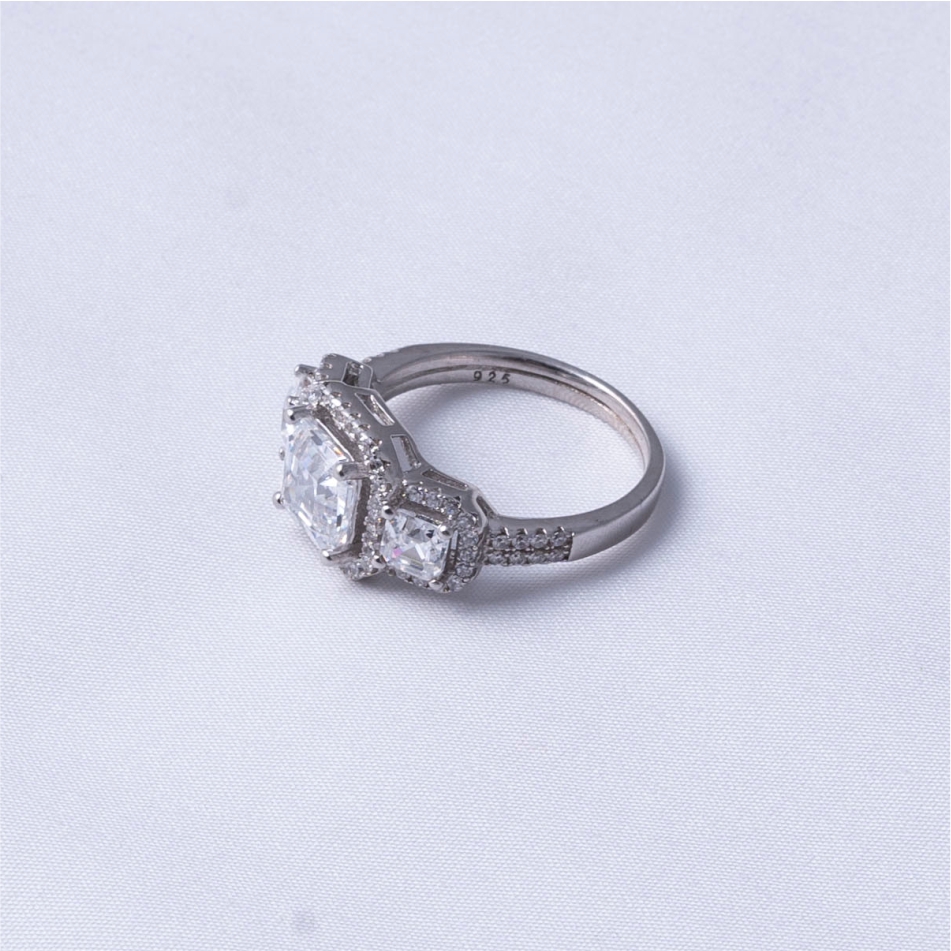 Three Stone Asscher Halo 925 Silver Ring - Image 4
