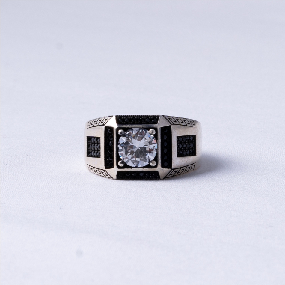 Black CZ Greek Pattern Statement Ring