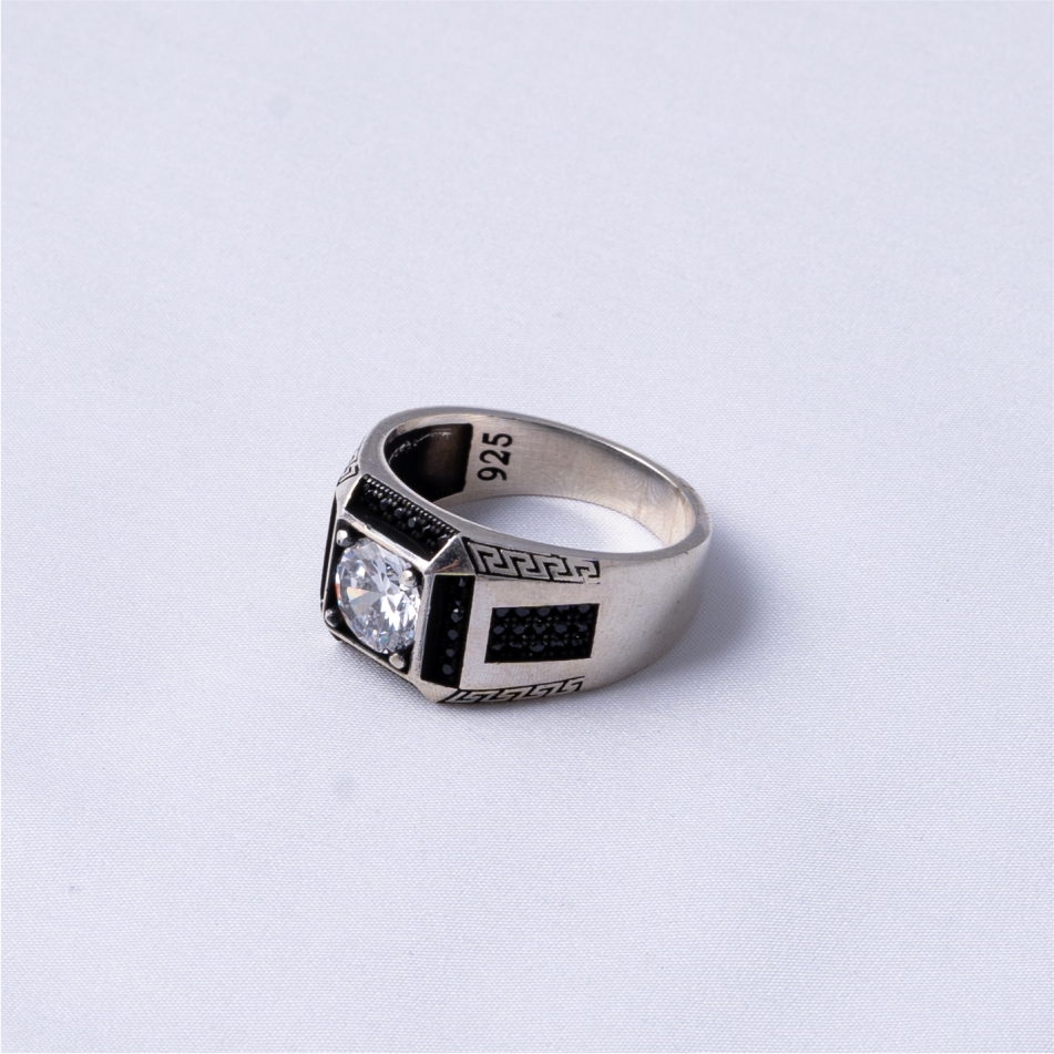 Black CZ Greek Pattern Statement Ring - Image 3