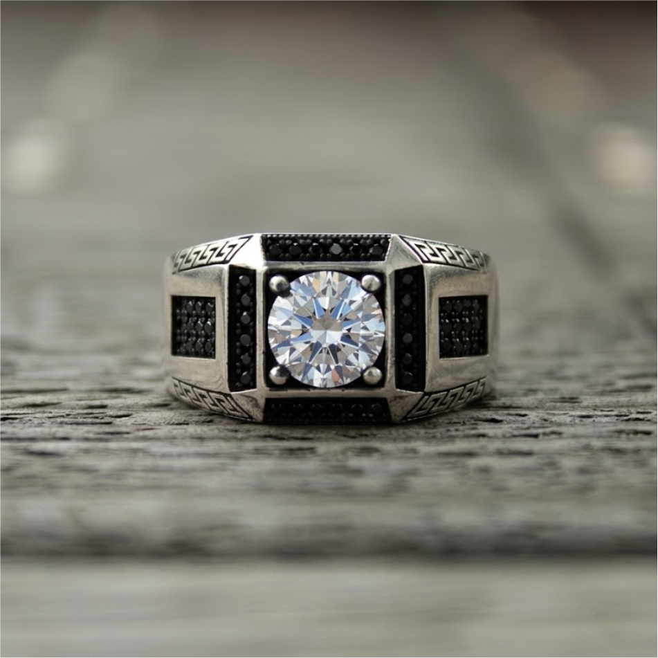 Black CZ Greek Pattern Statement Ring - Image 2